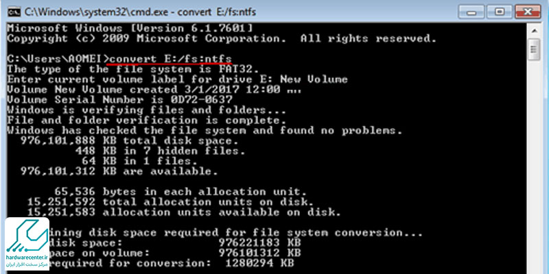 بازنویسی raw به ntfs توسط خط فرمان cmd
